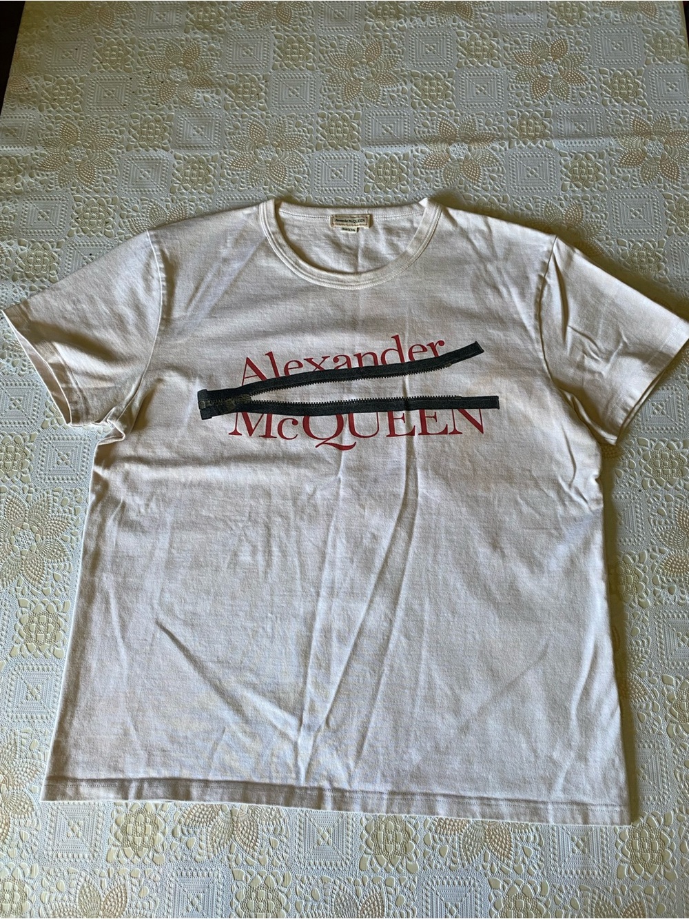 Alexander McQueen White Tee with Red Logo and Black Graphic